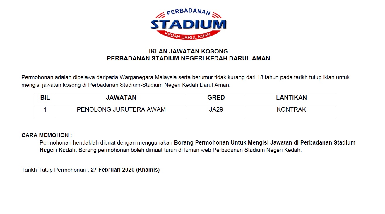 Iklan Jawatan Kosong PSNK - Perbadanan Stadium Negeri Kedah